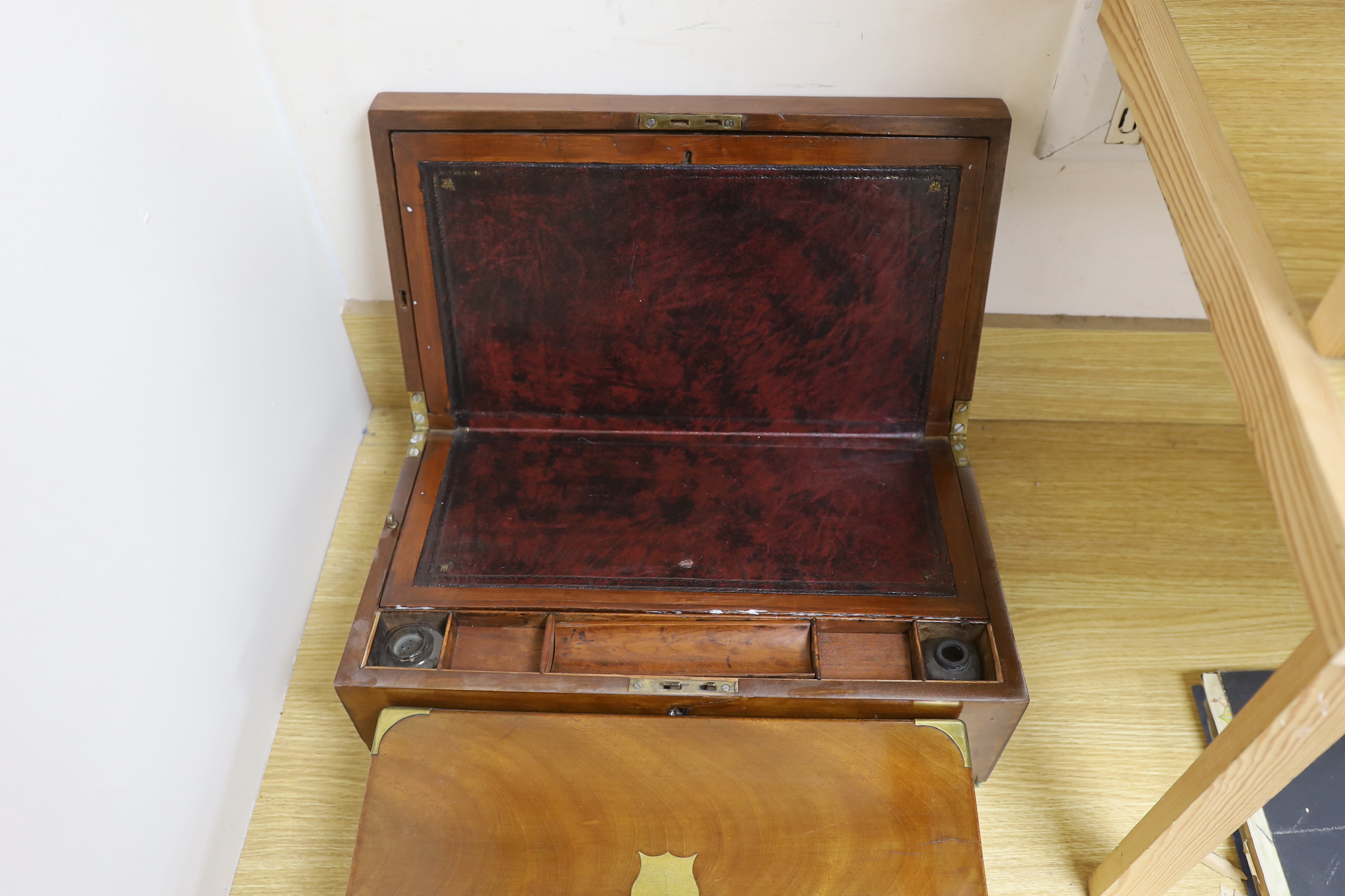 Two Victorian writing slopes and a mother of pearl inlaid box, largest 47cm wide, 26.5cm deep, 18cm high